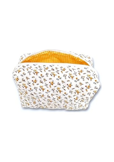 Makyaj Çantası Makeup Bag Kapitone Bakım Seyahat Kozmetik Çantası Beyaz-sarı