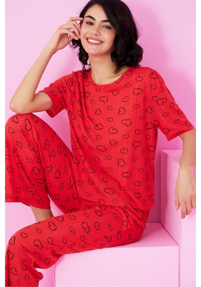 Siyah İnci Pointel Ajurlu/delikli Bisiklet Yaka Örme Pijama Takım Kırmızı Siyah Kalp