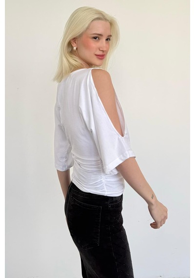 Madmext Beyaz Belden Büzgülü Yarasa Kollu Açık Omuz Bluz Mg2672 Beyaz