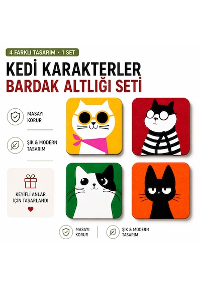 Kedi Desenli Bardak Altlığı Seti 4'lü Ahşap Mdf Dekoratif Kahve Ve Çay Bardak Altlığı Masa Koruyucu Kare Bardak Altlığı Çok Renkli
