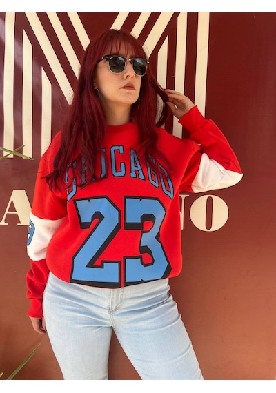 Erkek Kırmızı Unısex Oversize Chicago 23 Baskılı Polarlı Sweat Kırmızı
