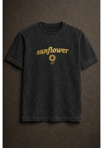 Technomonkey Sunflower Baskılı Yıkamalı Retro Unisex Tişört Siyah