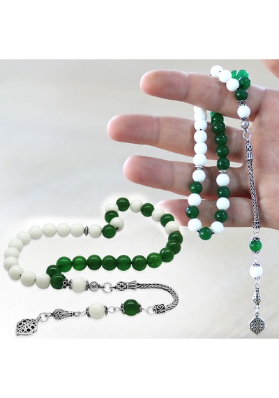 Tesbihname 925 Ayar Gümüş Püsküllü Küre Kesim Yeşil Beyaz Jade Doğaltaş Taraftar Tesbih Çok Renkli