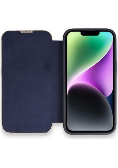 Apple Uyumlu iPhone 14 Pro Max Kapaklı Kılıf Parmak Izi Bırakmaz Dışı Deri Içi Süet Tasarım Lacivert