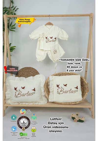 Gros Shop Müslin Yeni Doğan 4katlı Organik %100pamuk Kişiye Özgü Nakışlı Hastane Çıkış Seti 3'lü Kelebk Model Ekru-3