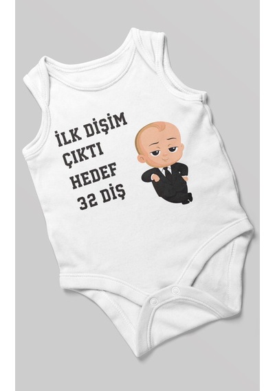 Morivokids İlk Dişim Çıktı Hedef 32 Diş Sıfır Kollu Bebek Body Beyaz
