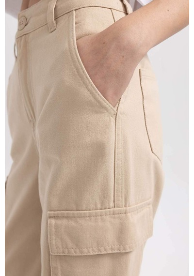 Defacto Coool Straight Fit Geniş Paça Yüksel Bel Kargo Cepli Gabardin Pantolon B1450ax23aubg159 Bej