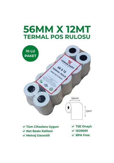 56x12 Termal Rulo Yazarkasa Pos Rulosu 1 Paket 10 Adet Tse Belgeli Bpa Free