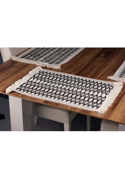 6'lı Örme Supla Pamuklu Dantel Püsküllü Krem Siyah Amerikan Servis 35x45 Cm Masa Örtüsü Supla Krem - Siyah