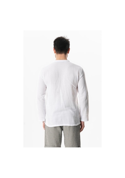 Uzun Kol Doruk V Yaka Bağcıklı Müslin Erkek Yazlık Tshirt Beyaz Byz Beyaz