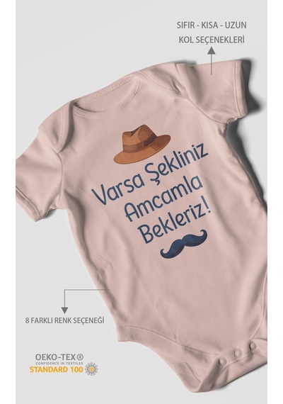 Morivokids Varsa Şekliniz Amcamla Bekleriz Kısa Kollu Bebek Body %100 Pamuk Pastel Pembe