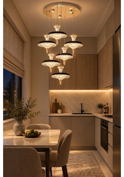 Modern Premium Sarkıt Avize 6'lı Led Gold Siyah Detaylı Modern Salon Avizesi 124w 3 Renk