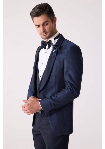 Ysf Erkek Lacivert Yelekli Slim Fit Damatlık