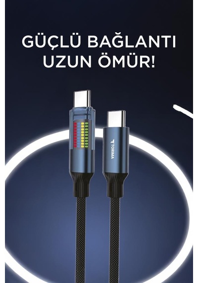 Torıma U21 Type-c To Type-c 60 W Kablosu Led Ekranlı Dayanıklı Örgü Hızlı Şarj Kablo Siyah