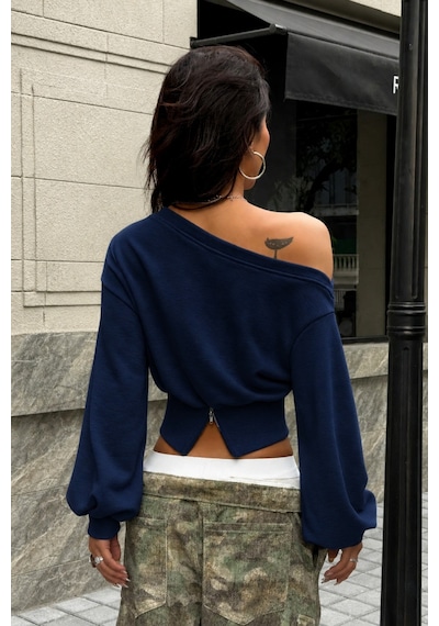 Tarz Cool Kadın Asimetrik Yaka Crop Sweatshirt Omuz Dekolteli Büzgülü Fermuar Detaylı Lacivert