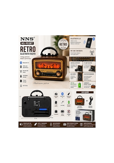 Nns Ns-903bt Retro Bluetooth Radyo 1800 Mah Usb Tf Kart Fm/am/sw Taşınabilir Radyo Kahverengi - 913593976