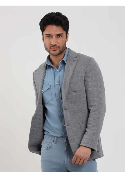 Dufy Gri Erkek Slim Fit Balıksırtı Desenli Mono Yaka Ceket - 104447-gri Gri