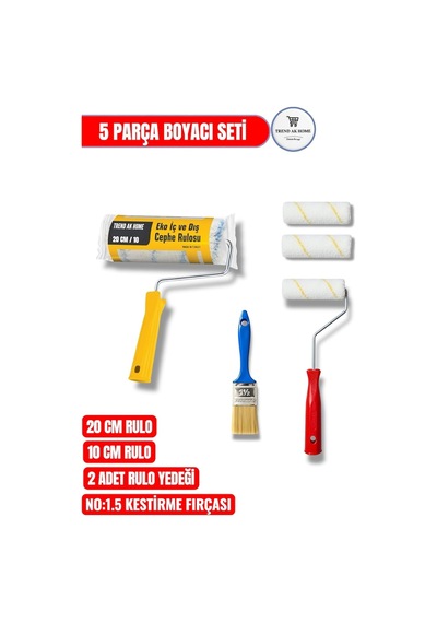 Profesyonel Boyacı Rulo Fırça Seti 5 Parça, 20 Cm Ve 10 Cm Rulo, Kestirme Fırçası