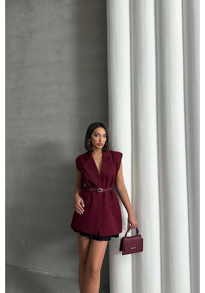 Myloore Kadın Bordo Kemerli Kolsuz Blazer Yelek Mlb153