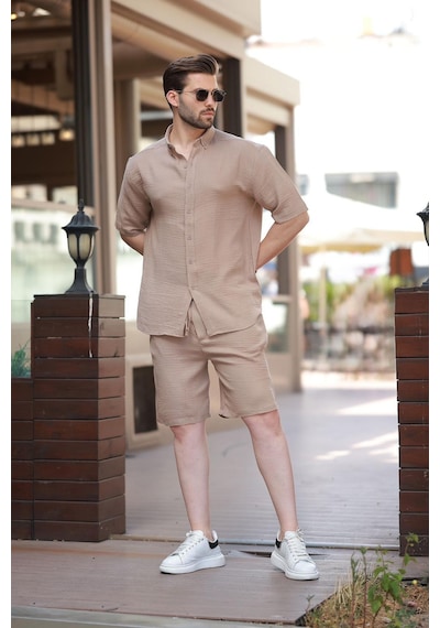 Madmext Camel Basic Erkek Şort Gömlek Takım E7321 CAMEL