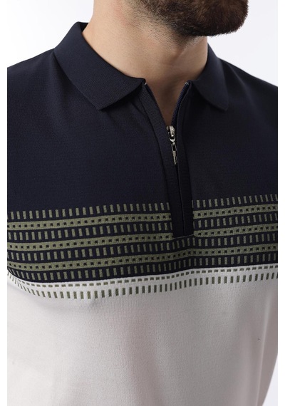 Madmext Lacivert Fermuarlı Polo Yaka Desenli Erkek T-shirt E7296 Lacivert