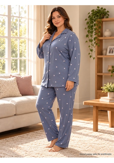 Seboteks Milan Kumaş Önden Düğmeli Uzun Kollu Büyük Beden Kadın Pijama Takımı 3499 Füme