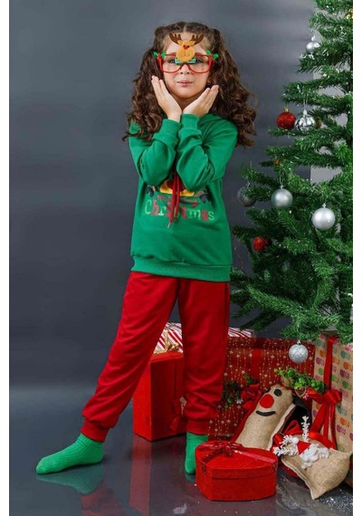 Riccotarz Kız Erkek Merry Christmas Ve Geyik Baskılı Yeni Yıl Yeşil Eşofman Takım