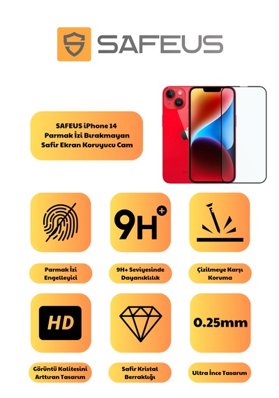 Safeus Tam Kaplayan Parmak İzi Bırakmayan Safir Ekran Koruyucu Cam , Apple Uyumlu iPhone 14 İle