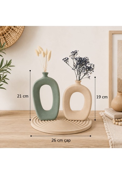 Momiko El Yapımı Modern Bohem Beton Vazo Seti Dekoratif Kemerli İkili Vazo & Yuvarlak Altlık Premium Seri -