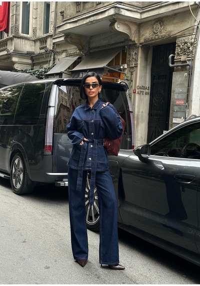 Meecy Koyu Lacivert Bağlamalı Denim Takım Oversize Ceket Ve Pantolon Lacivert Lacivert