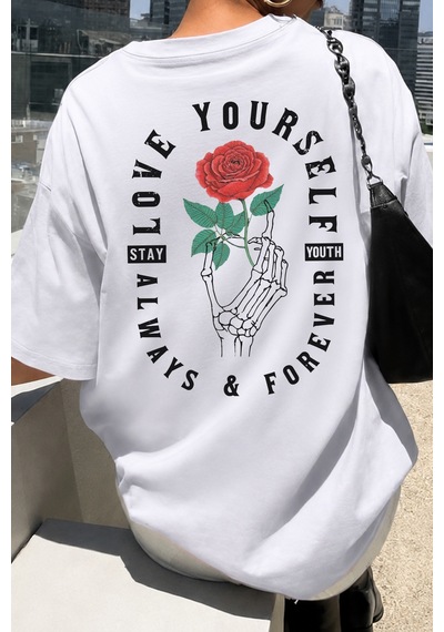 Spoyi Forever Rose Tasarımlı %100 Pamuk Yarım Oversize Beyaz T-lhirt