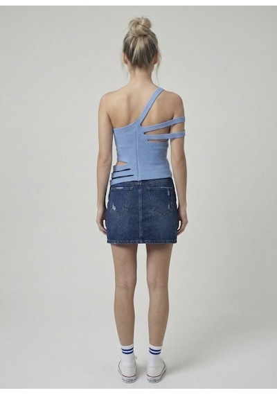 Neden Tekstil Asimetrik Tek Omuz Triko Crop Bluz - Mavi