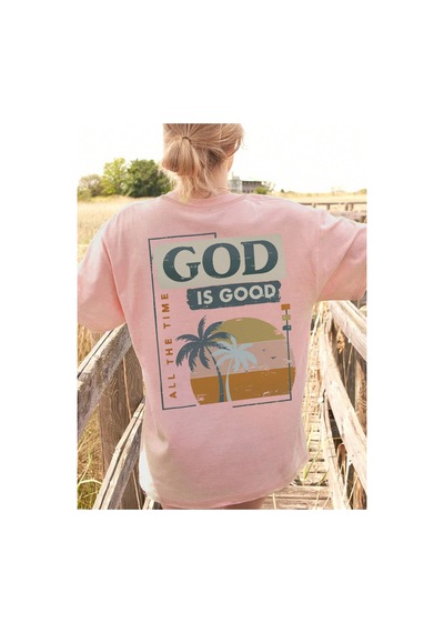 God Is Good T-shirt - Pembe Baskılı Oversize Bisiklet Yaka Kısa Kol Tişört Pembe