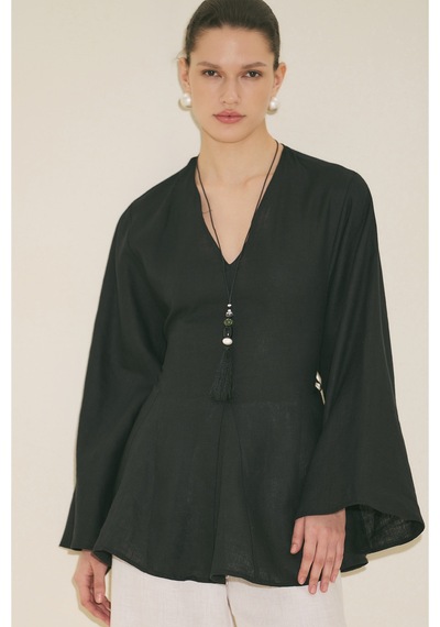 Manuka %100 Keten Volümlü Tunik Siyah Ss26tnk00002-01 Siyah