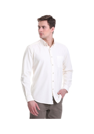 Hatemoğlu Bej Slim Fit Düz 100% Pamuklu Düğmeli Yaka Uzun Kollu Klasik Göm Bej