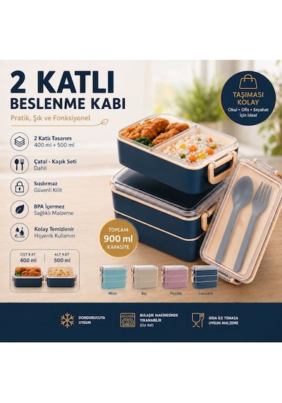 Leon Life 2 Katlı Fely Beslenme Kabı 400 Ml + 500 Ml Beslenme Kutusu Lacivert