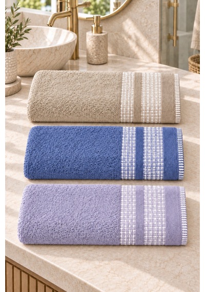 Çift Şerit Desenli Havlu 50x90 Cm 3 Lü Set - Blue Pearl Çok Renkli