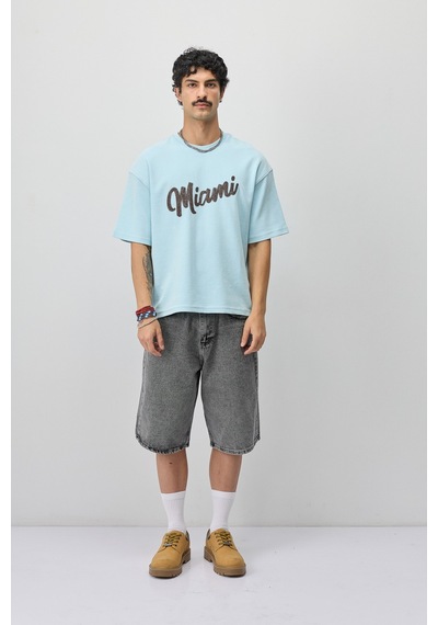 Vamos Oversize Baskılı Tişört V70-188 Bebe Mavi