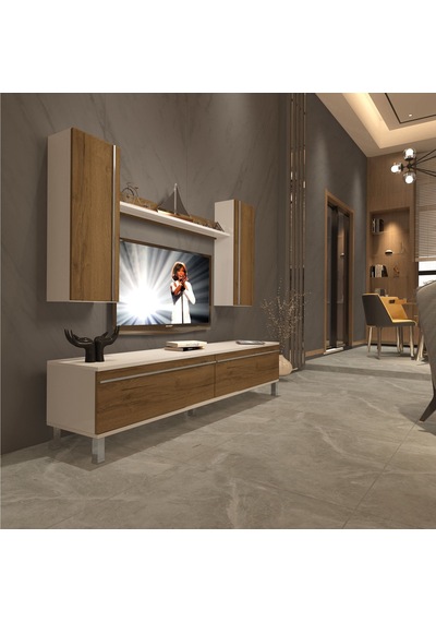 Decoraktiv Eko 5d Mdf Std Krom Ayaklı Tv Ünitesi Tv Sehpası - Beyaz Pera Beyaz - Meşe