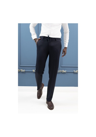 Ecer Regular Fit Armürlü Beli İplikli Astarsız Rayon Kışlık Kumaş Pantolon Lacivert