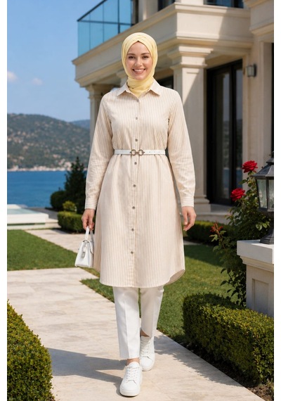 Hb Harma Time Butik Kadın Çizgi Desenli Kemerli Keten Bej Gömlek Bej Bej
