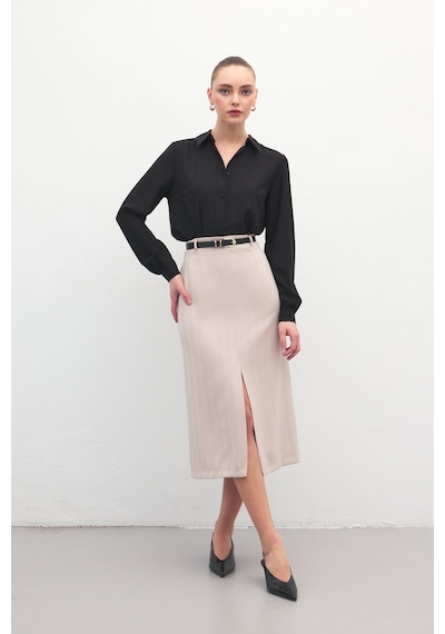 Sateen Anna Yırtmaçlı Etek - Bej-137173 Bej