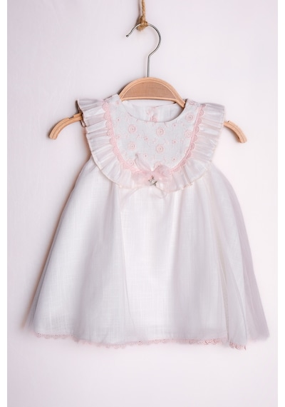 Lamato Baby Yazlık Sıfır Kol Çiçek Nakışlı Bebe Kız Elbise Pembe