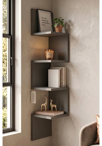 Yurudesign Shelf R9 Köşe Duvar Rafı Modern Kitaplık Antrasit