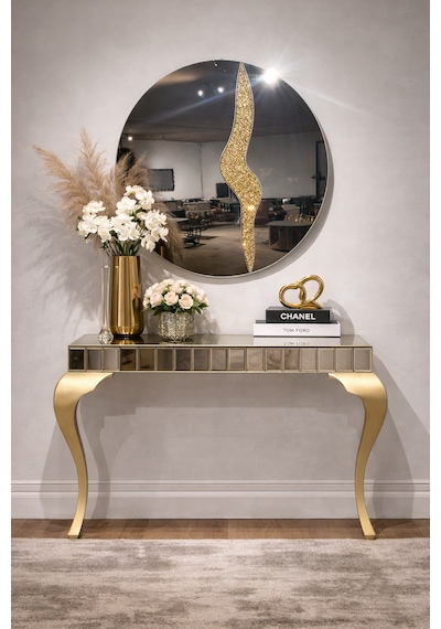 Glory Füme Camlı Aynalı Dresuar - Boyalı Lükens Ayak - 110x90x40 Cm Gold