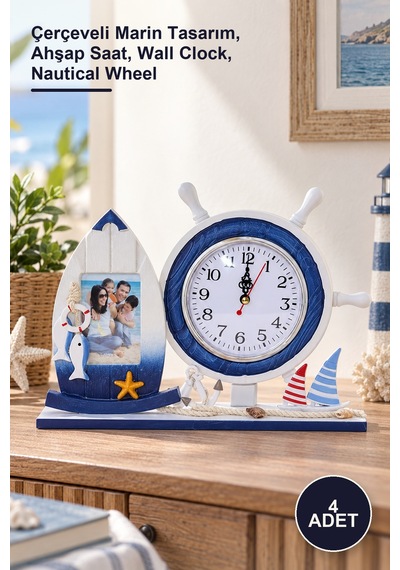 4 Adet Ahşap Dümenli Duvar Saati Çerçeveli Marin Tasarım, Ahşap Saat, Wall Clock, Nautical Wheel Diğer