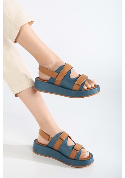 Analin Shoes Kadın Hakiki Deri Cırtlı Kalın Taban Sandalet Mavi