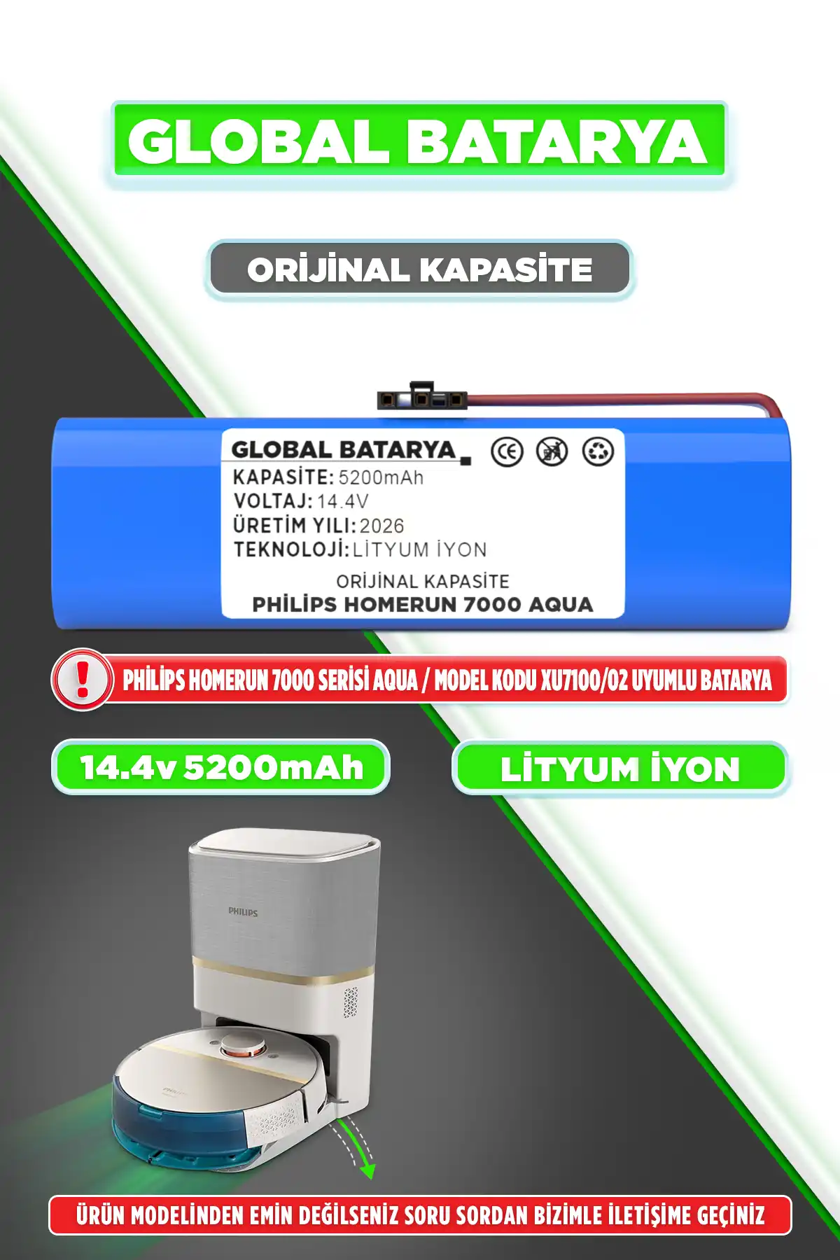 Philips Homerun 7000 Serisi Aqua Xu7100/02 Batarya 14.4v 5200mah Pil  Kapasite