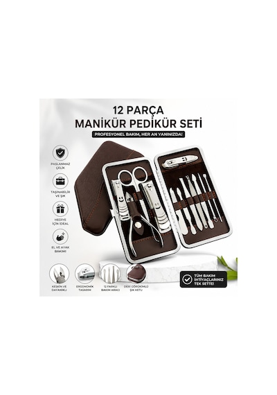 12 Parça Çanta Tipi Manikür Pedikür Tırnak Bakım Seti Çantalı Hepsi Bir Arada Set Paslanmaz Çelik Cımbız Tırnak Makası Törpü Yan Kesme Makas El Ve Ayak Bakım Seti
