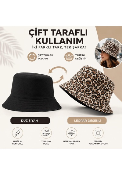 Valkyrie Çift Taraflı Leopar Desenli Siyah Kova Şapka Unisex Reversible Bucket Günlük Yazlık Şapka Kahverengi
